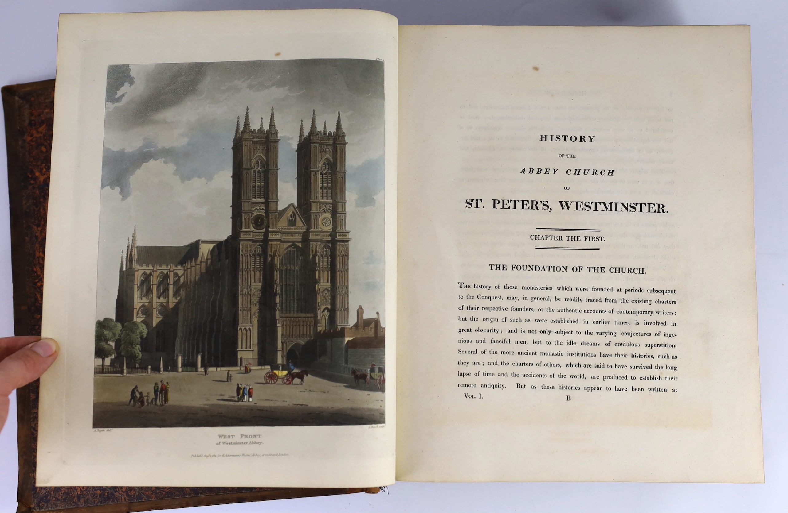 Ackermann, Rudolph - London - The History of the Abbey Church of St. Peter’s, Westminster…1st edition, 2 vols in 1, 4to, speckled calf, with plan, portrait and 81 hand-coloured plates, front board detached, pen and penci